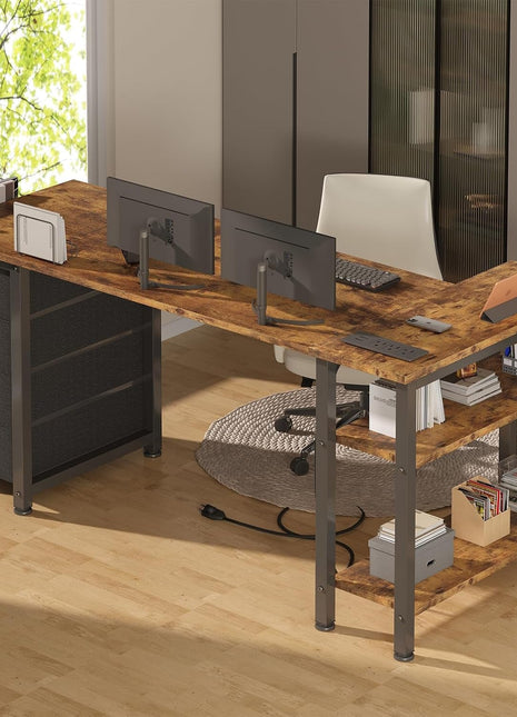 L Shaped Computer Desk with Drawers & Storage Shelves, 55 Inch Corner Desk with Power Outlet for Home Office Bedroom, L-Shaped Teen PC Gaming Desks with Fabric Drawer, Rustic Brown-4