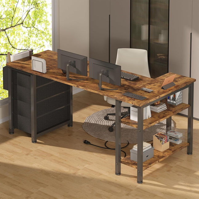 L Shaped Computer Desk with Drawers & Storage Shelves, 55 Inch Corner Desk with Power Outlet for Home Office Bedroom, L-Shaped Teen PC Gaming Desks with Fabric Drawer, Rustic Brown-4