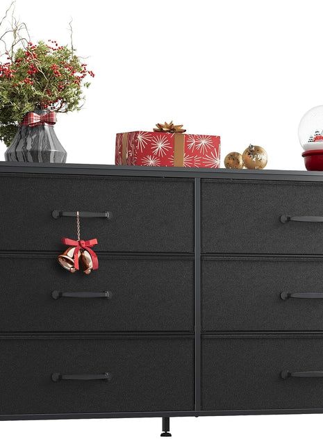 Wide Fabric Dresser, 6 Drawer Dresser TV Stand for 60" TV, Dressers Bedroom Furniture Large Storage Tower Unit with Fabric Bins, Black Dresser for Bedroom, Closet, Hallway, Black-0