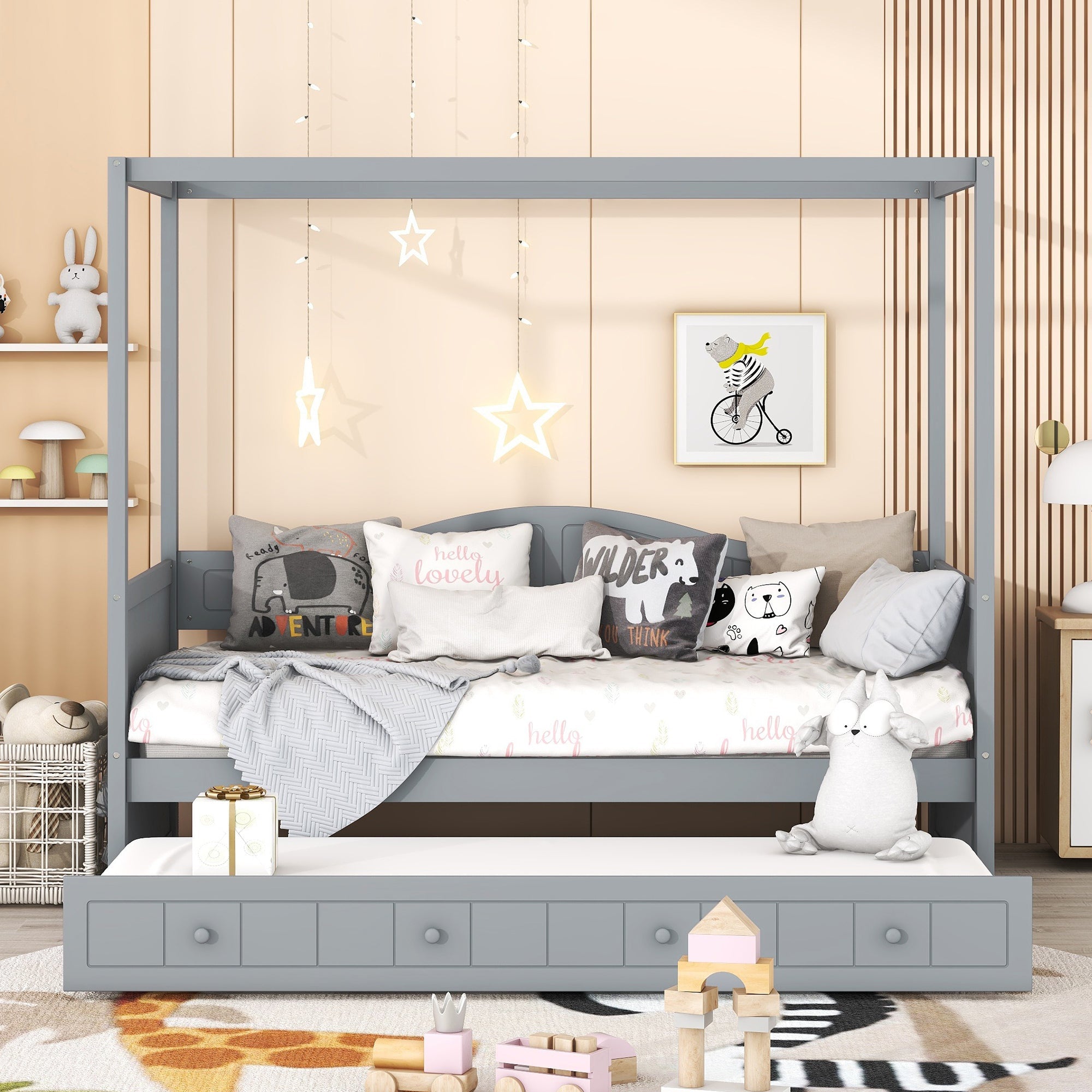 Twin Size Canopy Day Bed with Twin Size Trundle and Underbed Storage