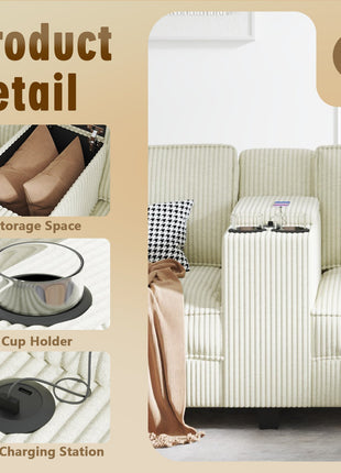 L-shaped 6-seater 133.4''*94.4'' corduroy sofa, large storage armrests with center console, USB charging, left and right seats can be switched, 3 packages of 130-4