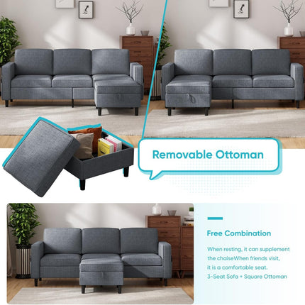 6 Seaters Sectional Upholstered Sofa, Linen Fabric Sofa Couch with Side Pockets, Free Combination Sofa Set with Movable Storage Ottoman, for Living Room-Sofa&Loveseat&Chair&Ottoman,Dark Grey
