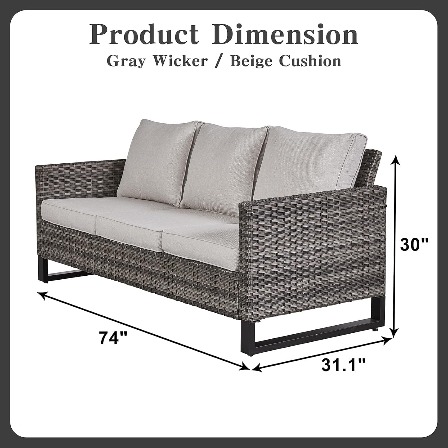Wicker outdoor sofa with gray cushions and dimensions labeled