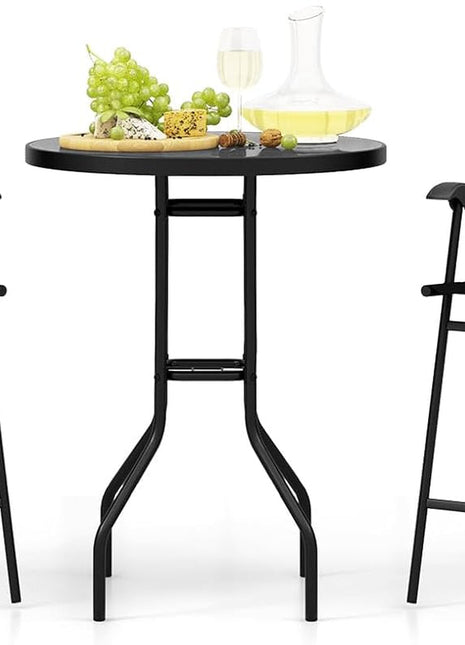 3 PCS Patio Table and Chairs Set, Bistro Furniture with DPC Tabletop, Umbrella Hole, Outdoor Bar Set with round Table and 2 Folding Counter Height Chairs for Poolside, Deck, Porch, Black-0