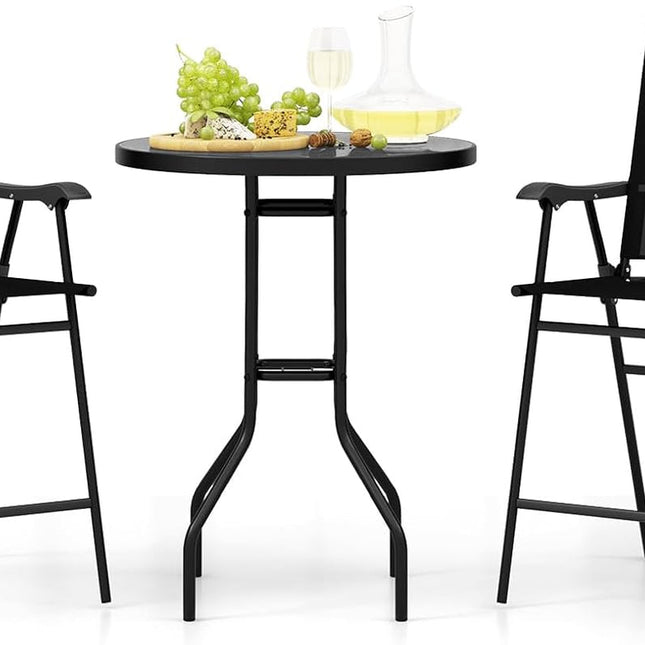 3 PCS Patio Table and Chairs Set, Bistro Furniture with DPC Tabletop, Umbrella Hole, Outdoor Bar Set with round Table and 2 Folding Counter Height Chairs for Poolside, Deck, Porch, Black-0