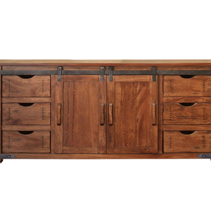 Wooden dresser with multiple drawers and a central door on a white background