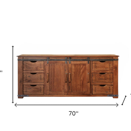 Wooden dresser with dimensions labeled on a white background