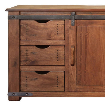 Wooden dresser with three drawers and a door on a white background
