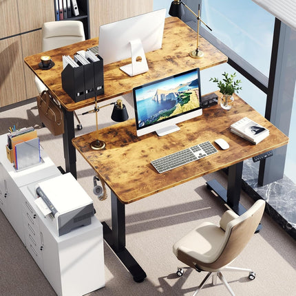 47.2 Inch Electric Standing Desk, Height Adjustable Sit Stand Up, Cable Clip, Wood Desktop, Work Home Office Computer PC Table, Writing Study Rising Desks, Brown-1