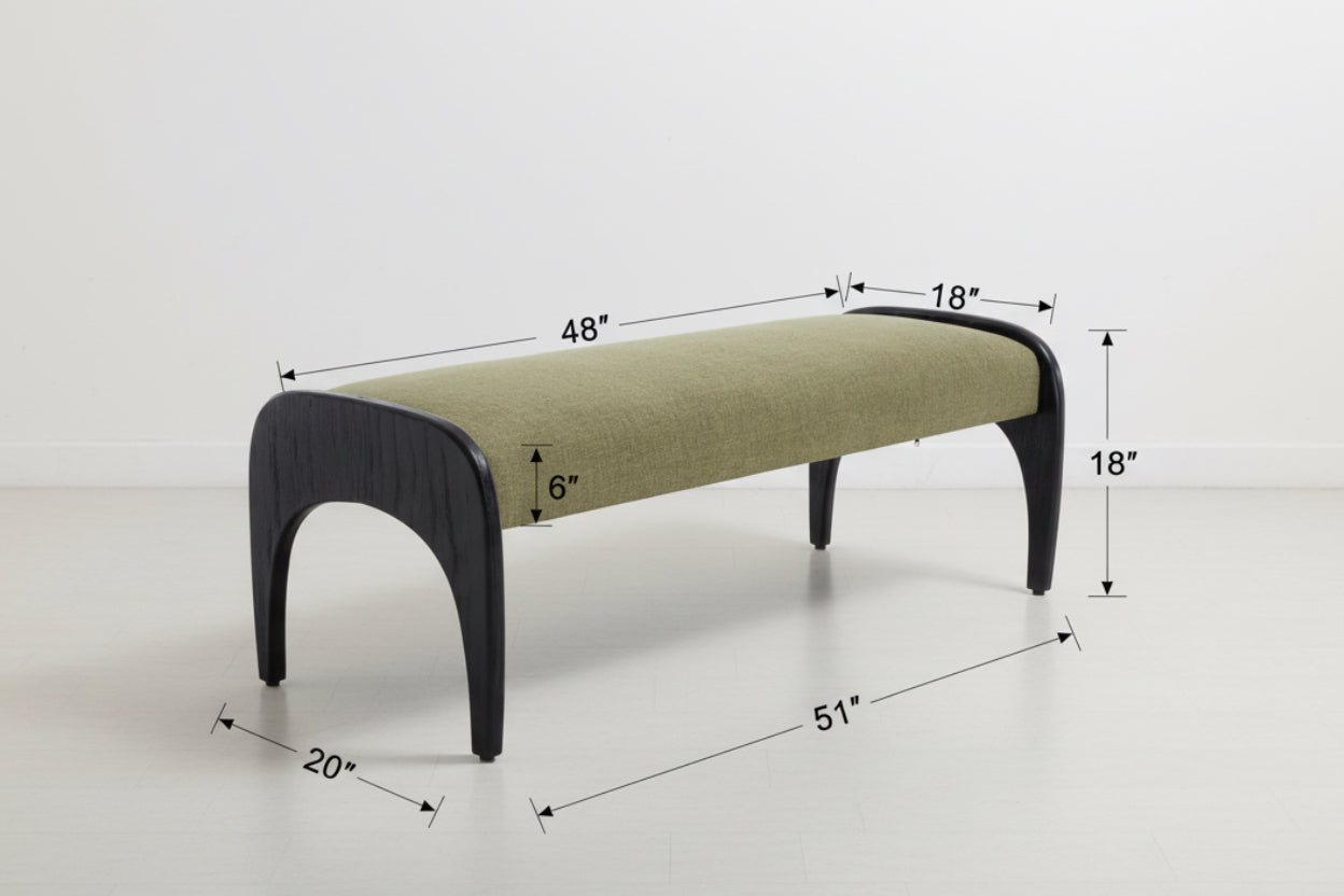 Green bench with black legs and dimensions labeled on a white background