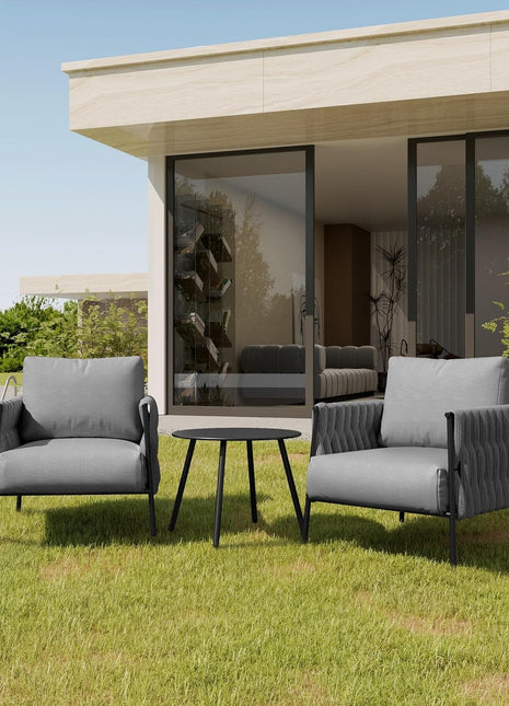 3 Pieces Patio Furniture Set, Armchairs with Coffee Table, Outdoor Furniture Set with Cushion, Modern Outdoor Furniture Deep Seating for Outdoor Garden Porch, Earth Black & Misty Grey-0