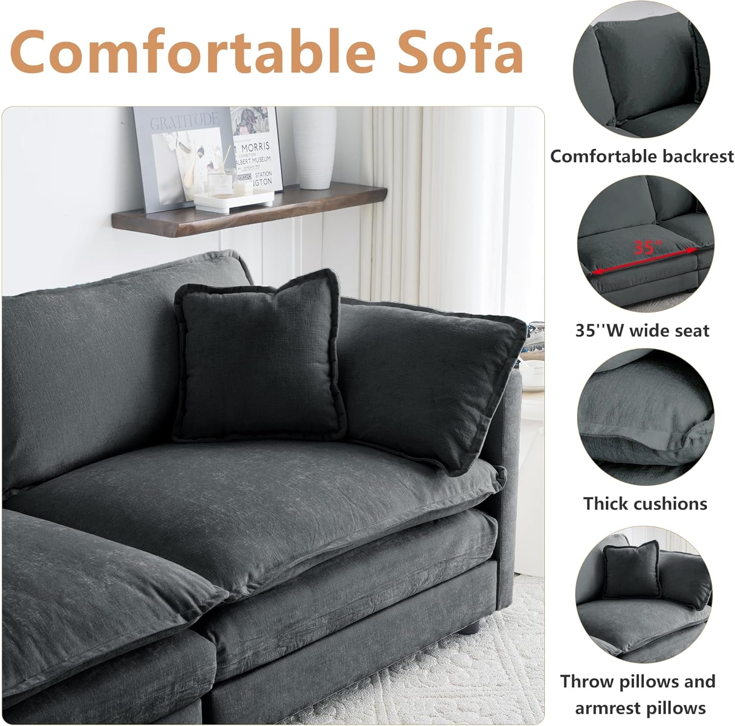 Gray sofa with black cushions in a living room setting, featuring text and icons about sofa comfort.