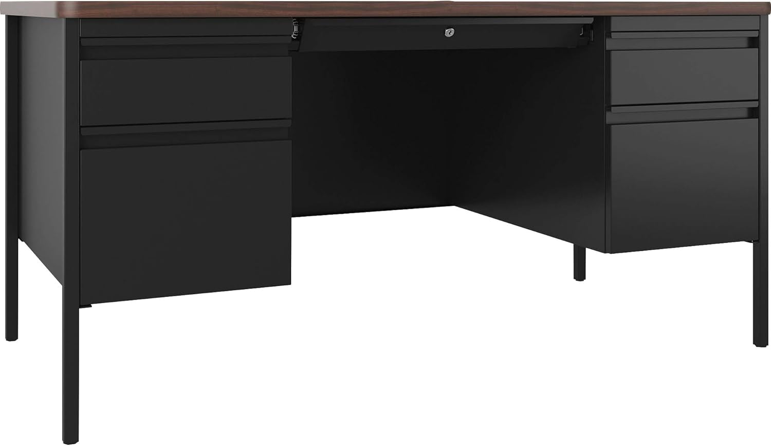 Black L-shaped desk with drawers on a white background