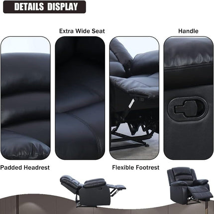 Black Recliner Chair Set of 2, with Overstuffed Arm and Back, Breathable Faux Leather Manual Reclining Chairs, Living Room Single Sofa Recliners-4