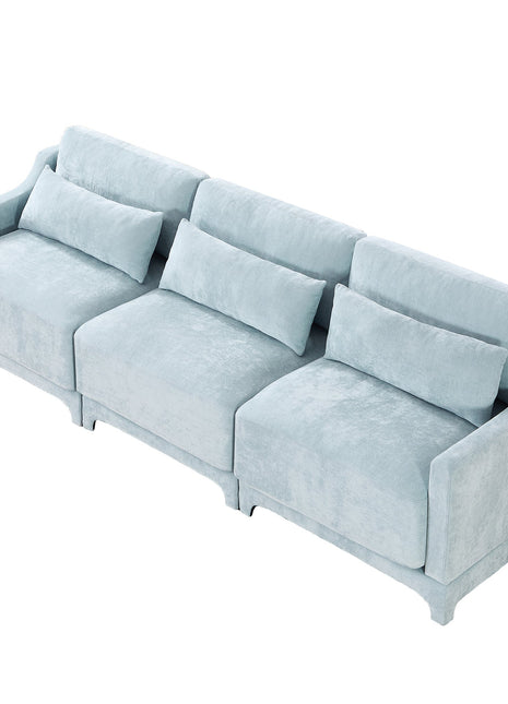 Elegant Sky Blue Three-Seater Sofa with Lumbar Pillow, Chenille Upholstery, Ergonomic Design, Wooden Base-0