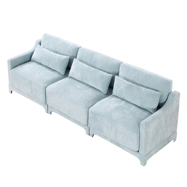 Elegant Sky Blue Three-Seater Sofa with Lumbar Pillow, Chenille Upholstery, Ergonomic Design, Wooden Base-0
