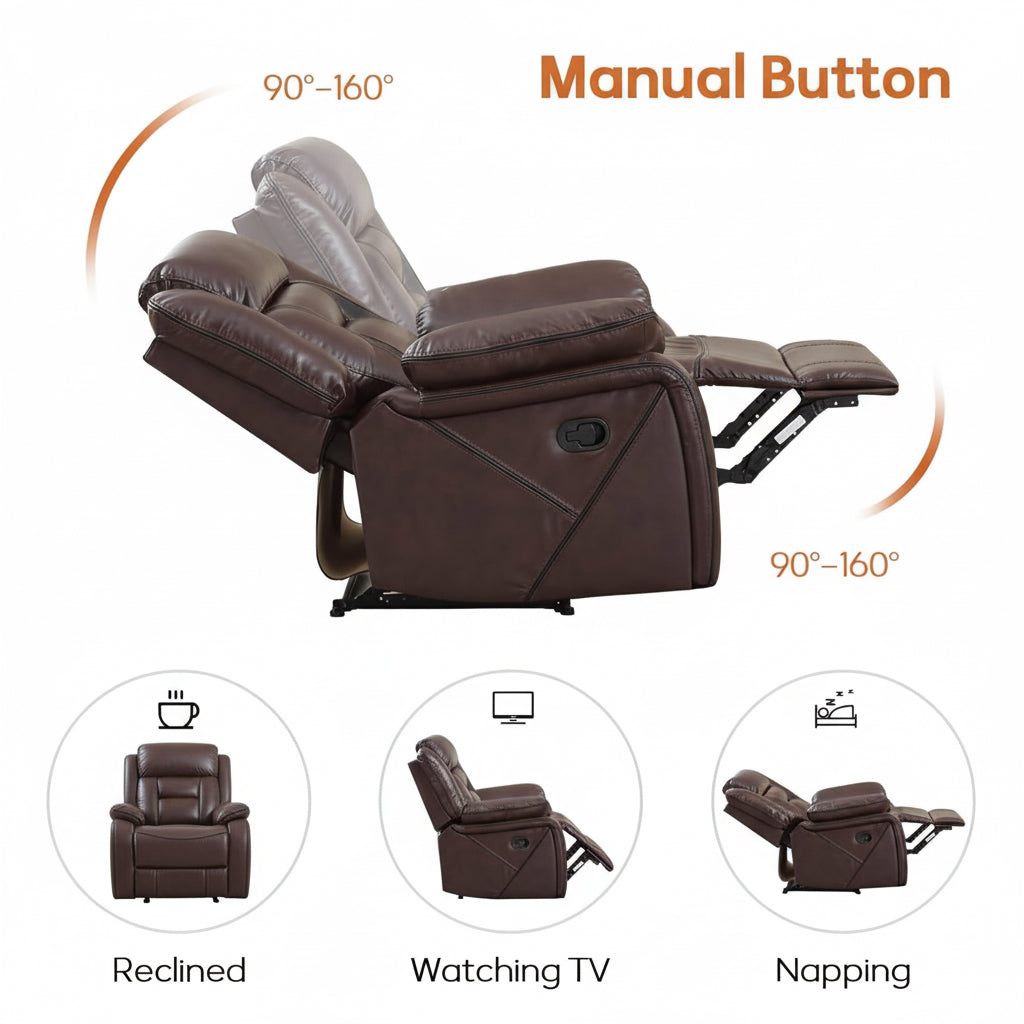 Brown recliner chair with manual button features on a white background