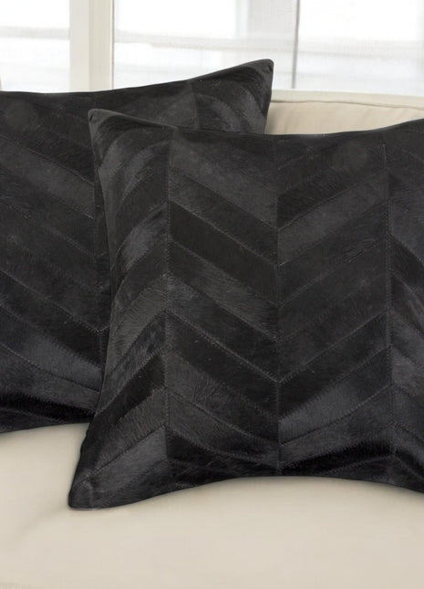 Set of Two 18" Black Chevron Cowhide Throw Pillows-1