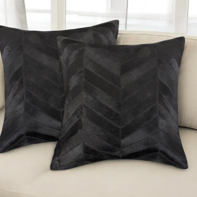Set of Two 18" Black Chevron Cowhide Throw Pillows-1