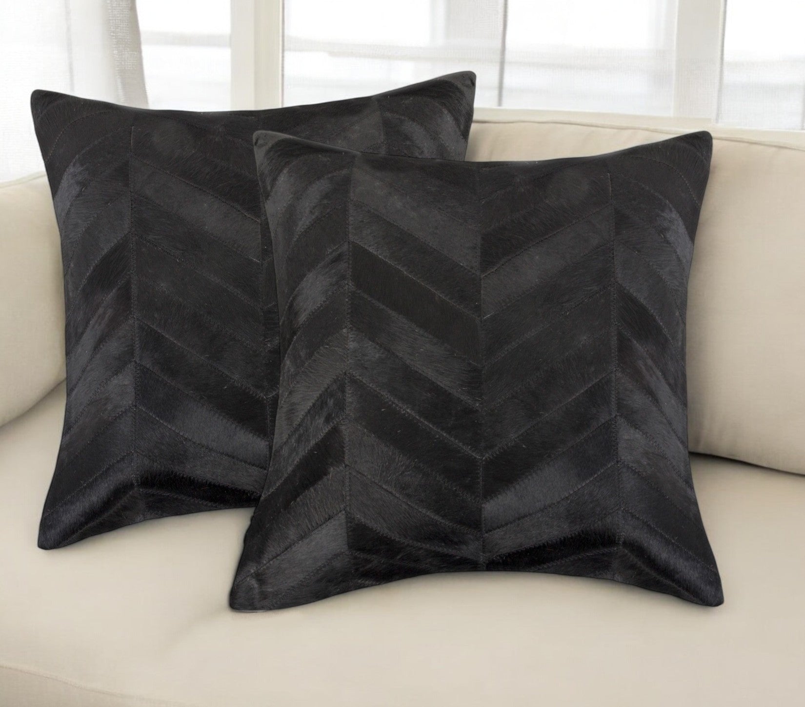 Set of Two 18" Black Chevron Cowhide Throw Pillows-1