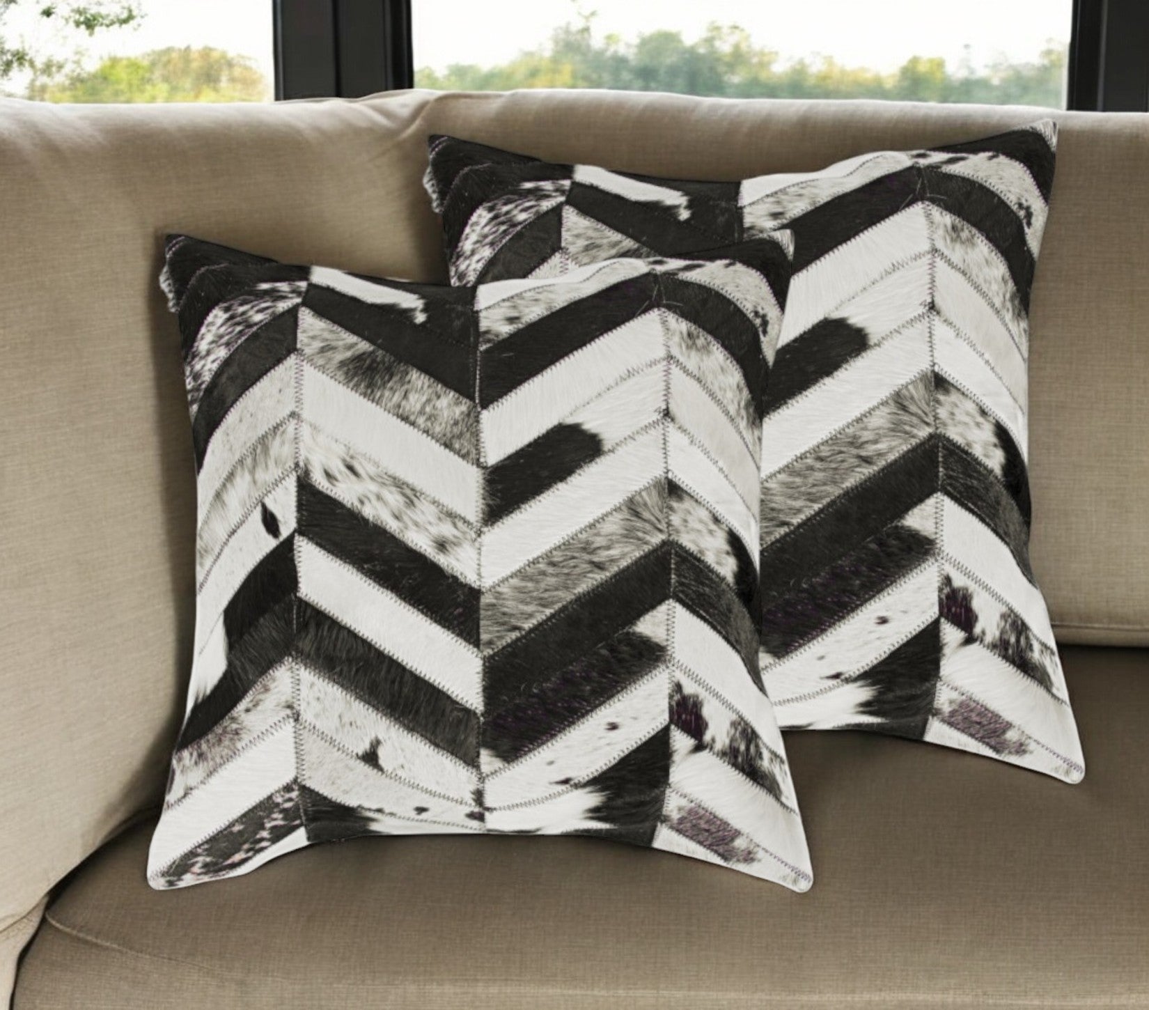Set of Two 18" Black and Natural Chevron Cowhide Throw Pillows-0