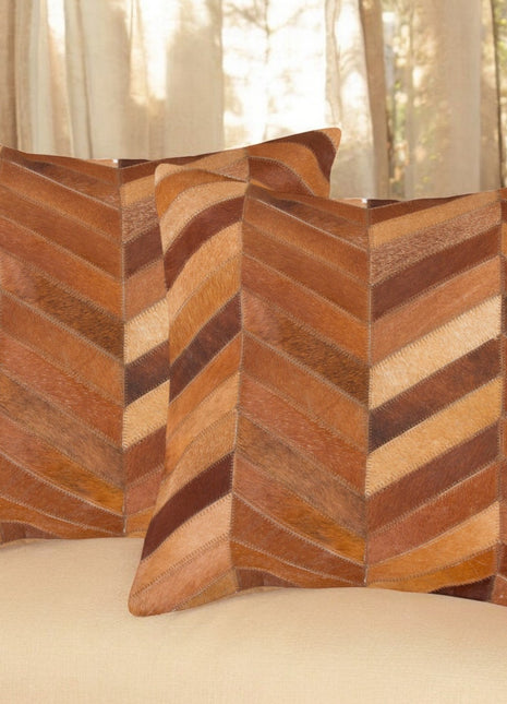 Set of Two 18" Tan Chevron Cowhide Throw Pillows-0