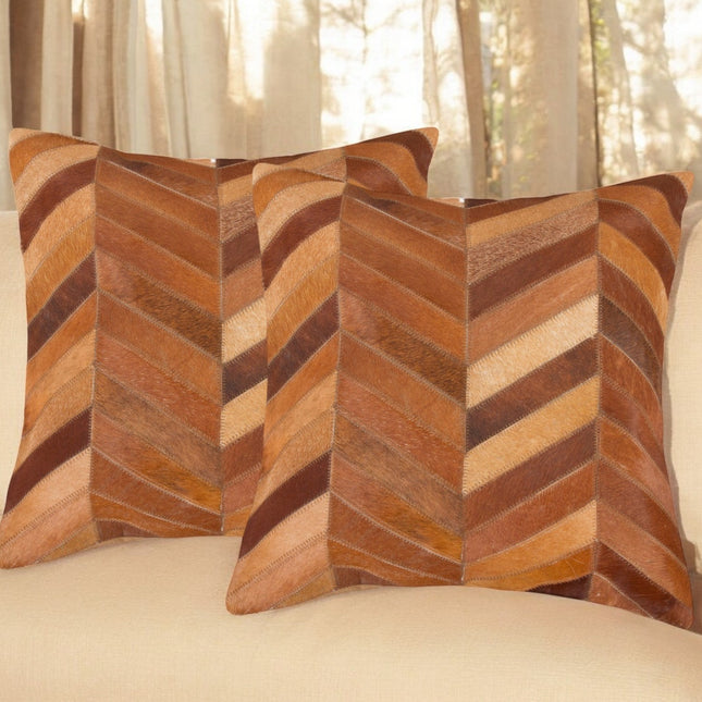 Set of Two 18" Tan Chevron Cowhide Throw Pillows-0
