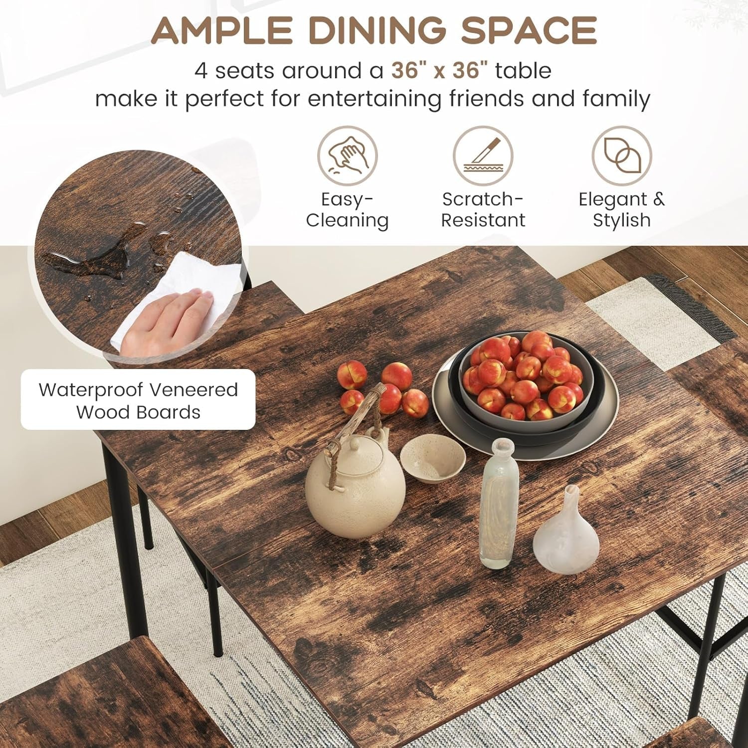 Wooden dining table with fruit and decor, featuring text about its features and dimensions.