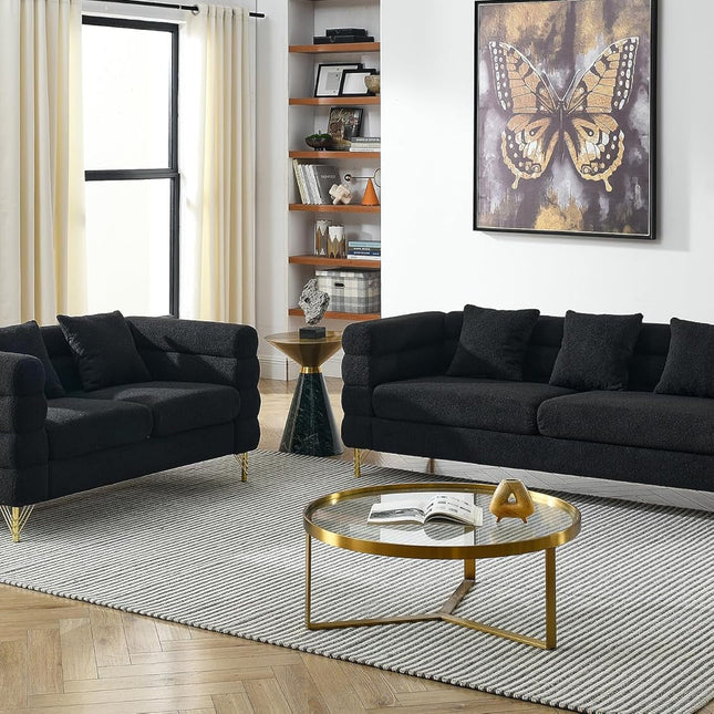 Sofa, 2 Pieces Sofa Set,Oversize 2/3 Seater Extra Deep Seat Sofa,Modern Upholstered Futon Sofa Couch, Comfy Teddy Bouclé Cloud Sofa,Furniture for Living Room,Bedroom,Office,Apartment(Black)-0