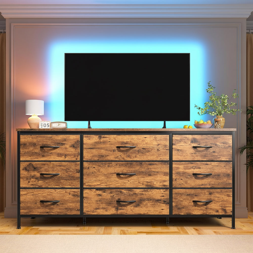 Wooden dresser with a TV mounted on top, suitable for TVs up to 60 inches.