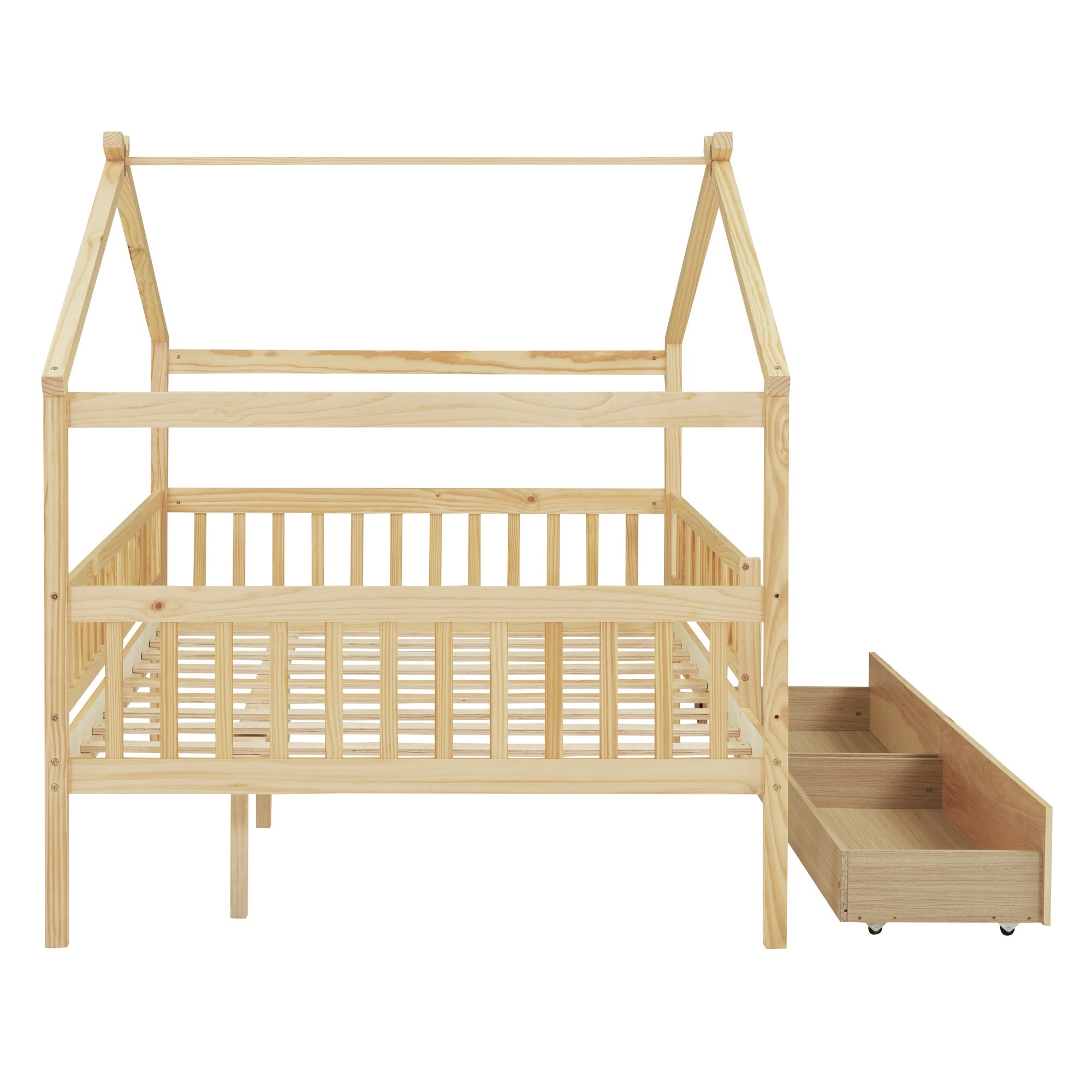 Full Size Wooden House Bed with Two Drawers