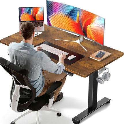 47.2 Inch Electric Standing Desk, Height Adjustable Sit Stand Up, Cable Clip, Wood Desktop, Work Home Office Computer PC Table, Writing Study Rising Desks, Brown-0