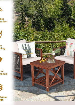 3 Pieces Outdoor Patio Furniture Set Wicker Chairs with Coffee Table, Balcony Porch Furniture Bistro Set with Wood Frame and Washable Cushions for Garden Poolside Backyard-4