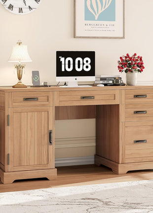 55'' Farmhouse Executive Desk, Home Office Desk with Drawers, Wood Computert Desk with File Cabinet and Power Outlets, Walnut-2