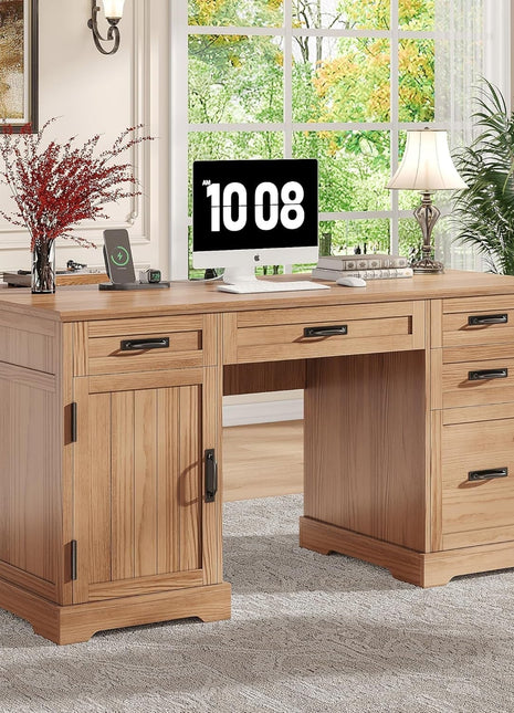 55'' Farmhouse Executive Desk, Home Office Desk with Drawers, Wood Computert Desk with File Cabinet and Power Outlets, Walnut-0