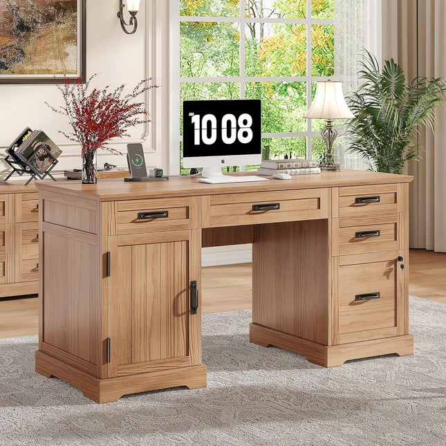 55'' Farmhouse Executive Desk, Home Office Desk with Drawers, Wood Computert Desk with File Cabinet and Power Outlets, Walnut-0
