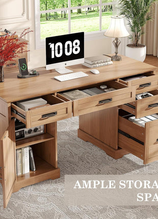 55'' Farmhouse Executive Desk, Home Office Desk with Drawers, Wood Computert Desk with File Cabinet and Power Outlets, Walnut-4