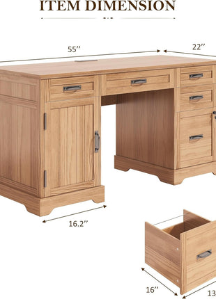 55'' Farmhouse Executive Desk, Home Office Desk with Drawers, Wood Computert Desk with File Cabinet and Power Outlets, Walnut-1