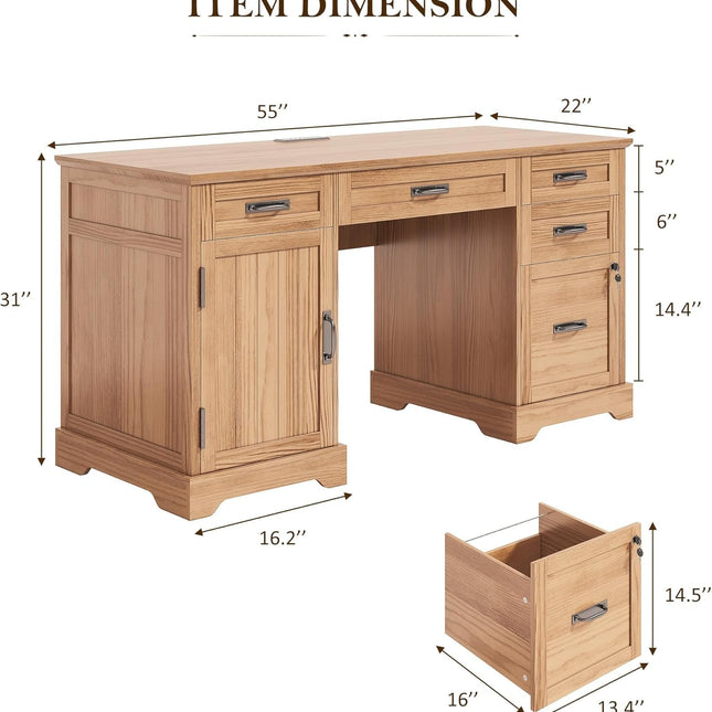 55'' Farmhouse Executive Desk, Home Office Desk with Drawers, Wood Computert Desk with File Cabinet and Power Outlets, Walnut-1