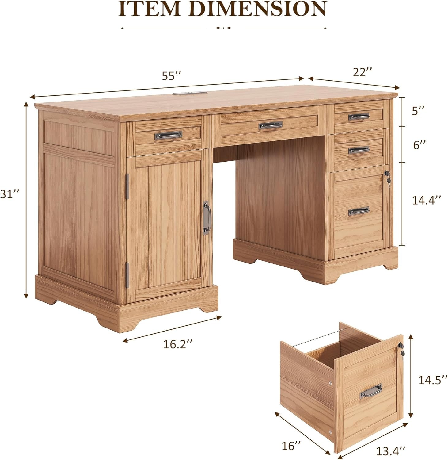 55'' Farmhouse Executive Desk, Home Office Desk with Drawers, Wood Computert Desk with File Cabinet and Power Outlets, Walnut-1