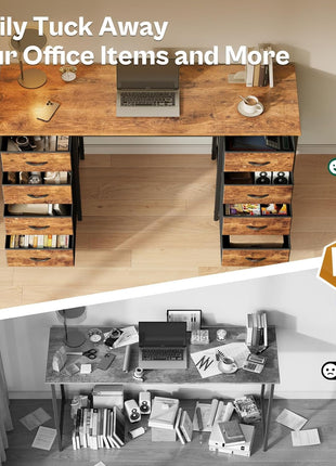 55 Inch Computer Desk with 8 Fabric Drawers, Office Desk Work Desk for Home Office, Study, Gaming Desk with Drawers, Large Storage, Rustic Brown-2