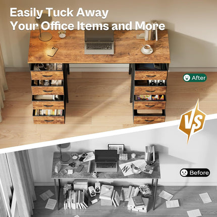 55 Inch Computer Desk with 8 Fabric Drawers, Office Desk Work Desk for Home Office, Study, Gaming Desk with Drawers, Large Storage, Rustic Brown-2