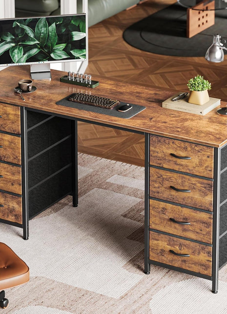 55 Inch Computer Desk with 8 Fabric Drawers, Office Desk Work Desk for Home Office, Study, Gaming Desk with Drawers, Large Storage, Rustic Brown-0