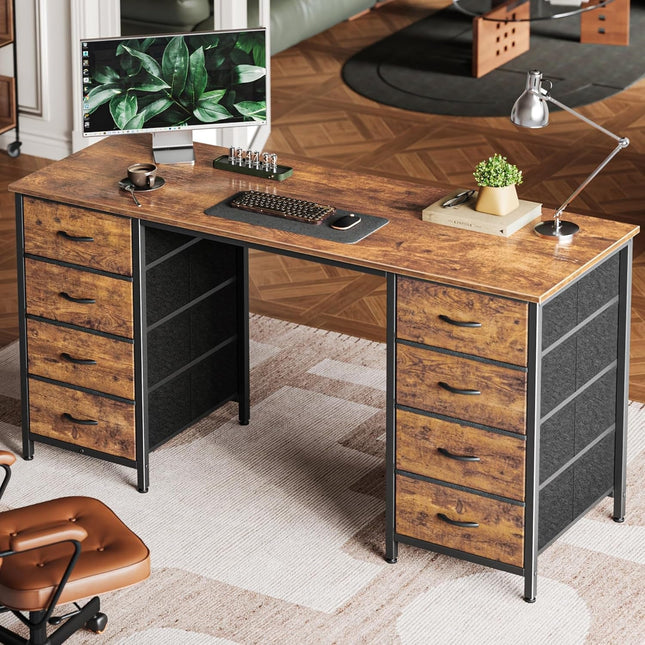 55 Inch Computer Desk with 8 Fabric Drawers, Office Desk Work Desk for Home Office, Study, Gaming Desk with Drawers, Large Storage, Rustic Brown-0