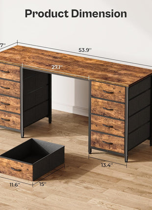 55 Inch Computer Desk with 8 Fabric Drawers, Office Desk Work Desk for Home Office, Study, Gaming Desk with Drawers, Large Storage, Rustic Brown-1
