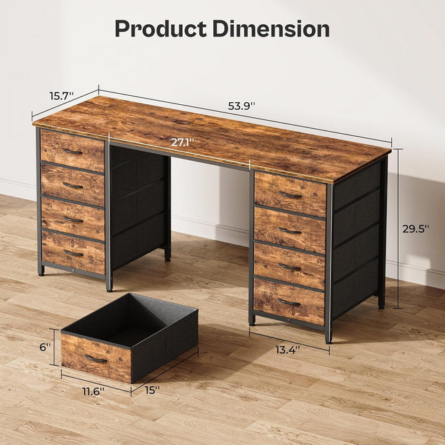 55 Inch Computer Desk with 8 Fabric Drawers, Office Desk Work Desk for Home Office, Study, Gaming Desk with Drawers, Large Storage, Rustic Brown-1