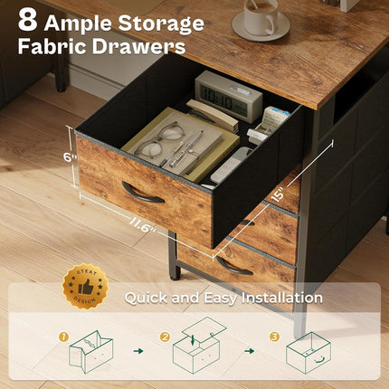 55 Inch Computer Desk with 8 Fabric Drawers, Office Desk Work Desk for Home Office, Study, Gaming Desk with Drawers, Large Storage, Rustic Brown-3