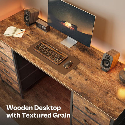 55 Inch Computer Desk with 8 Fabric Drawers, Office Desk Work Desk for Home Office, Study, Gaming Desk with Drawers, Large Storage, Rustic Brown-4