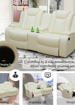 Leather Power Recliner Sofa Set with LED, Living Room Furniture Set, Leather Sofa Set with USB Port Storage Console Cup Holder (Power Reclining Sofa Set, Cream White)
