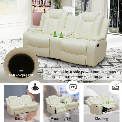 Cream White Leather Power Recliner Sofa with LED, USB, Console & Cup Holders